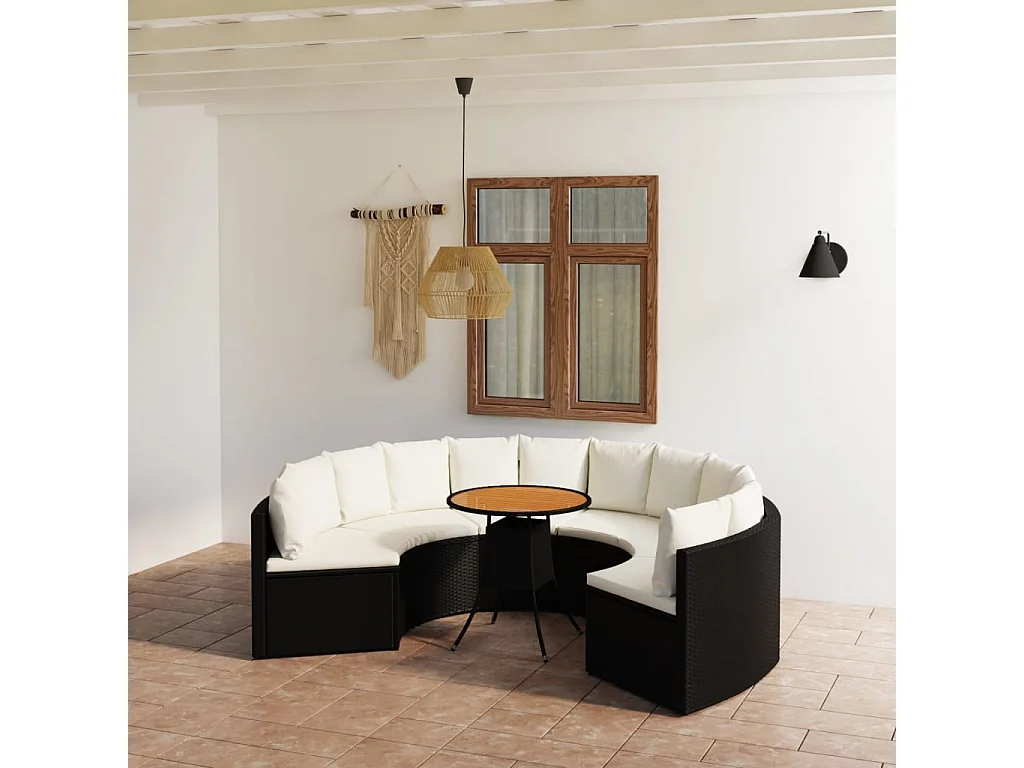 7 pcs conjunto sofás de jardim c/ almofadões vime PE preto