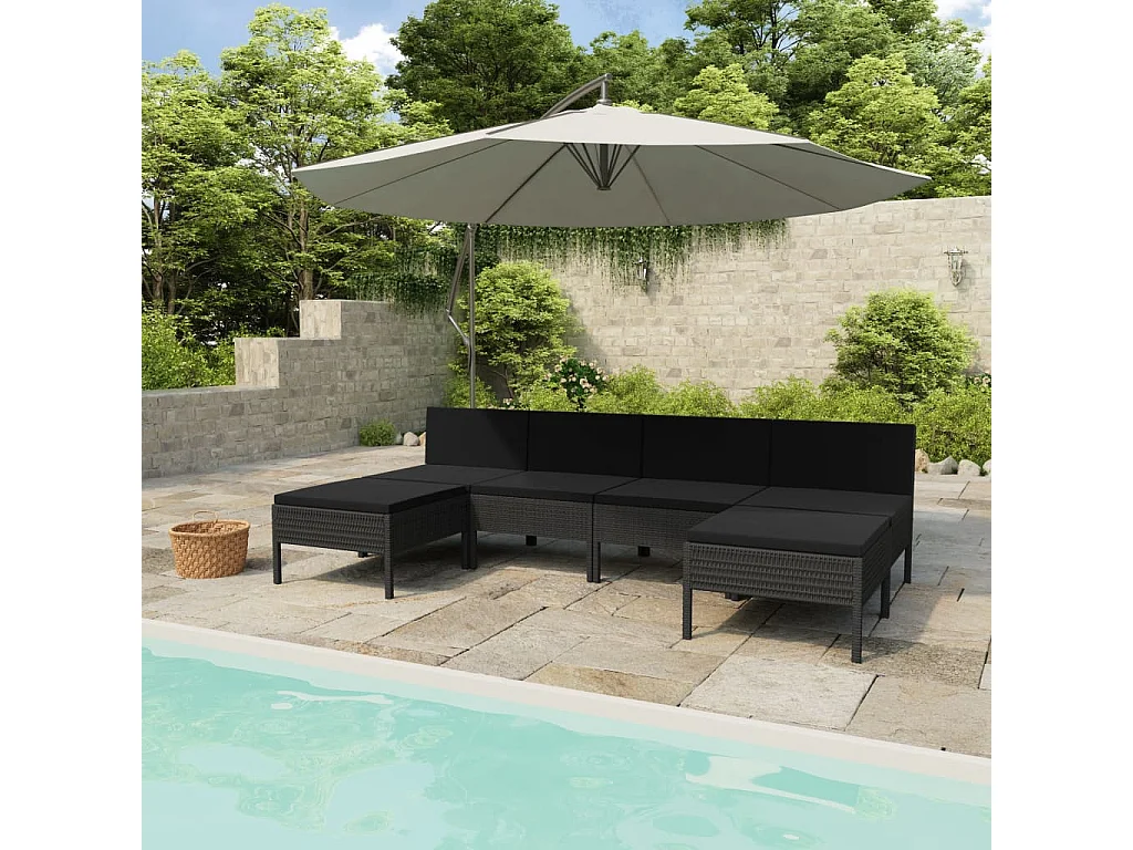 Salon de jardin 6 pcs avec coussins résine tressée noir