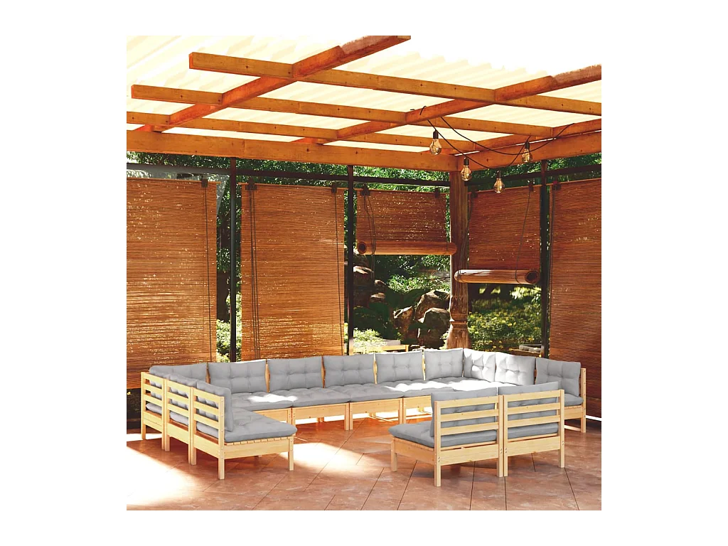 Set Divani da Giardino 12 pz con Cuscini Grigi Massello di Pino