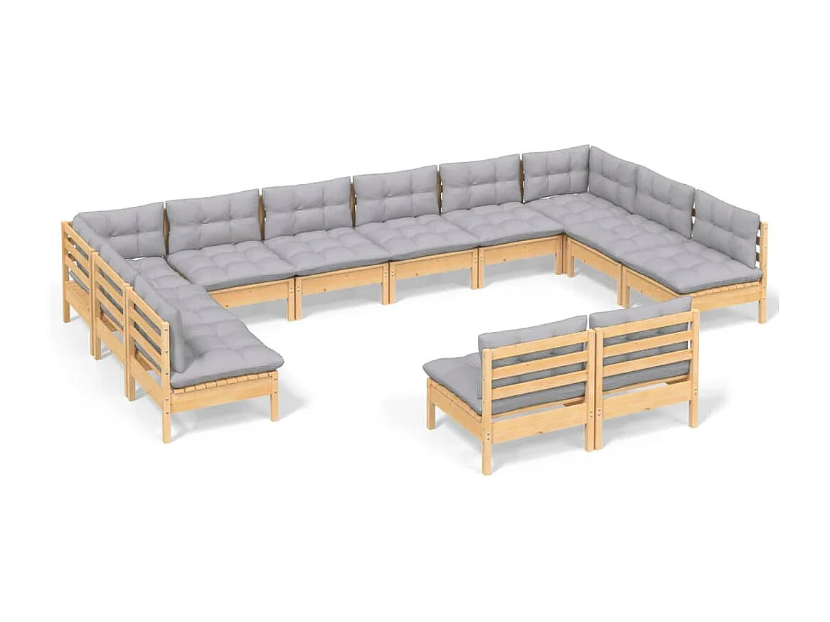 Salon de jardin 12 pcs avec coussins gris Bois de pin massif