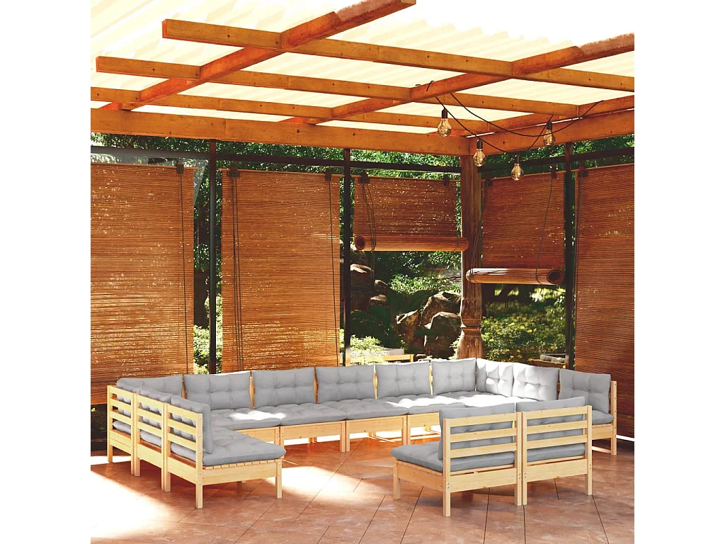 Salon de jardin 12 pcs avec coussins gris Bois de pin massif