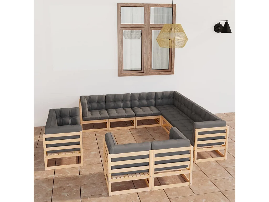 11 pcs conjunto lounge de jardim c/ almofadões pinho maciço