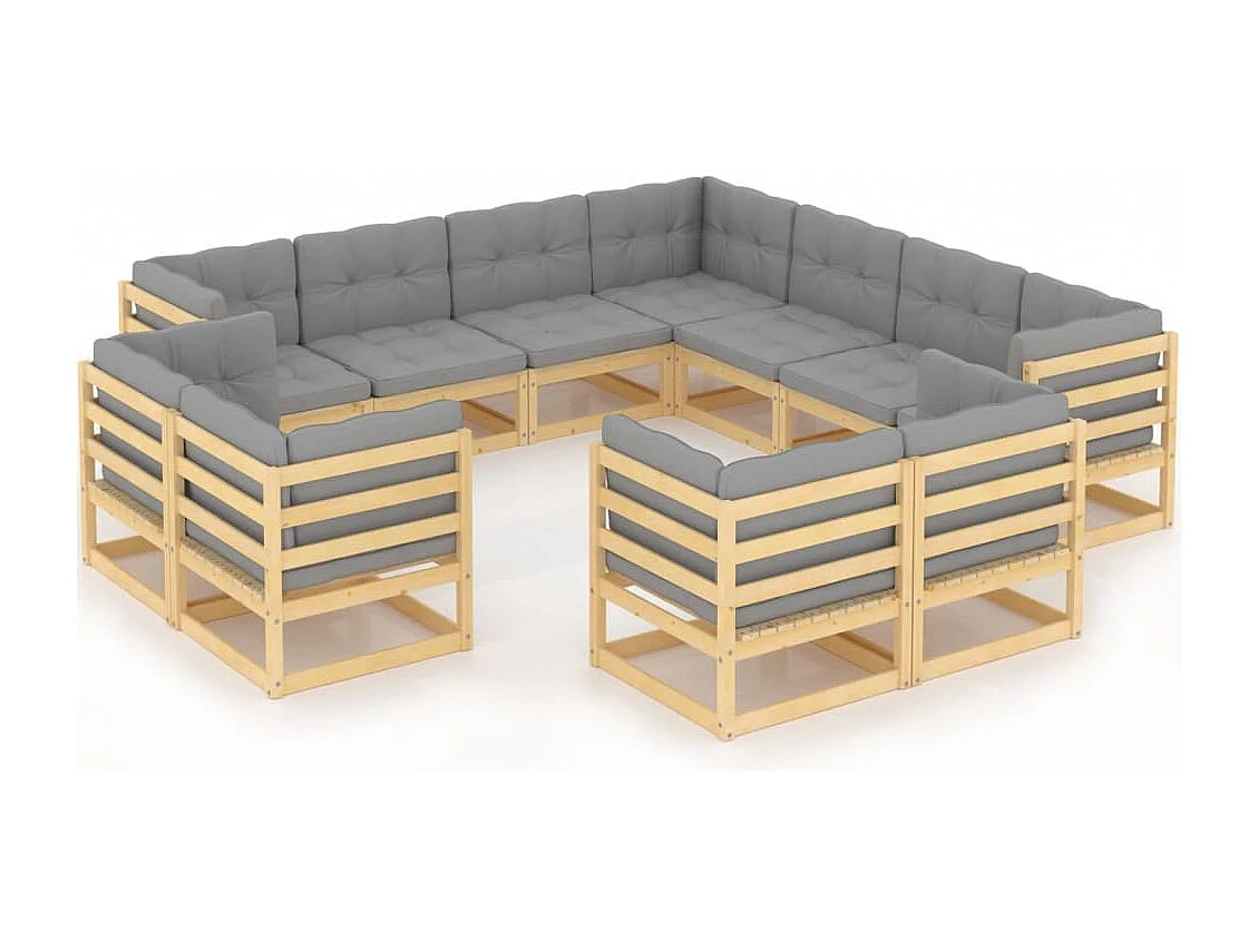 11 pcs conjunto lounge de jardim c/ almofadões pinho maciço