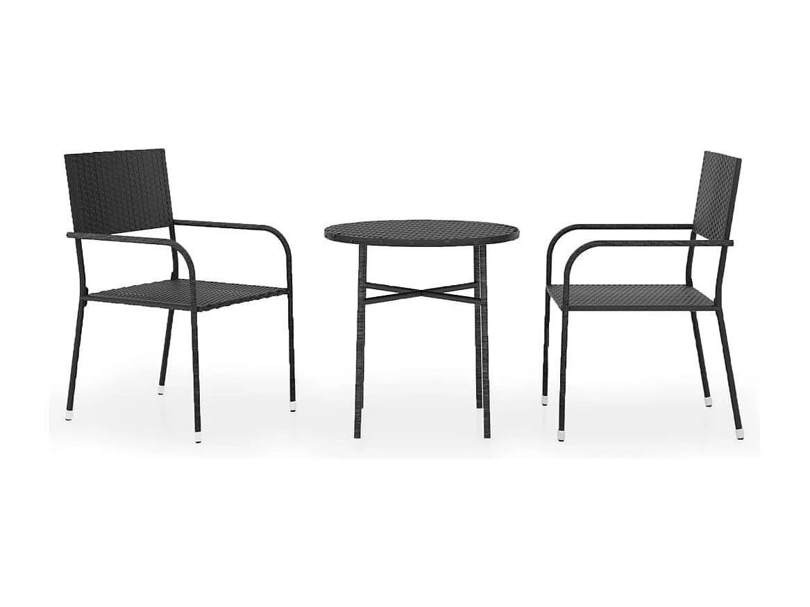 3 pcs conjunto de jantar para jardim vime PE preto