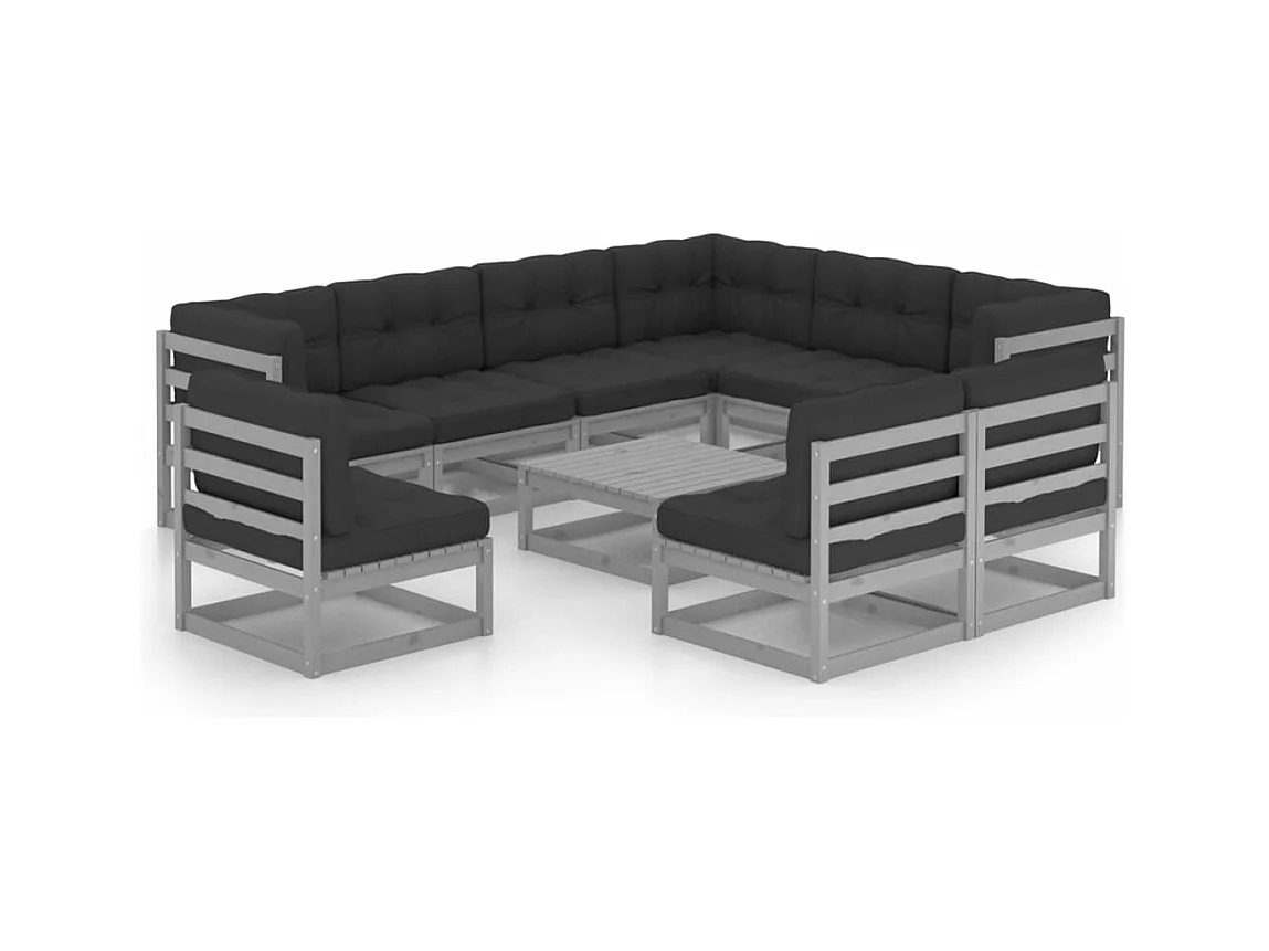 Salon de jardin 10 pcs avec coussins Gris Bois de pin massif