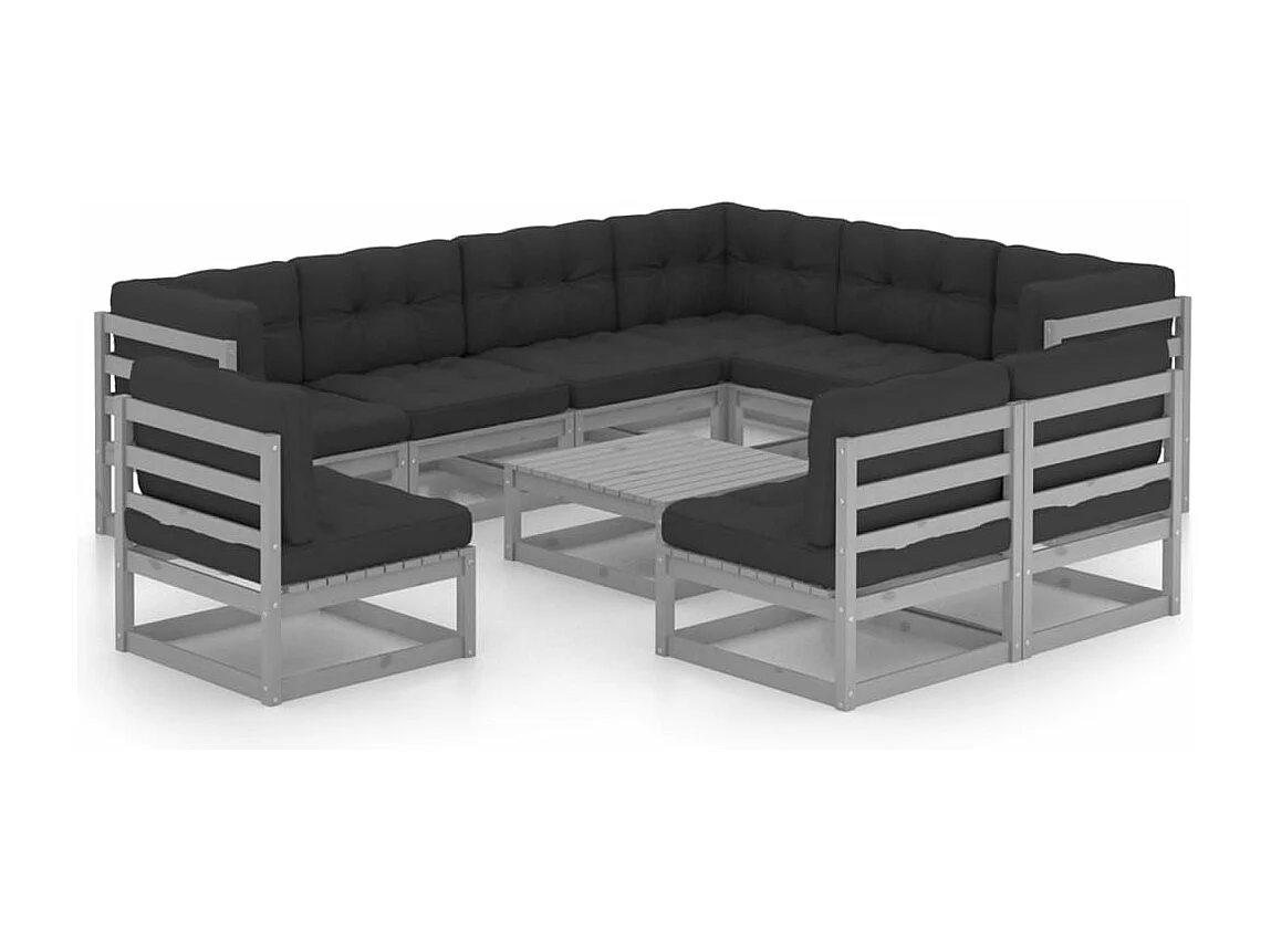 10pcs conjunto lounge de jardim + almofadões pinho maciço cinza