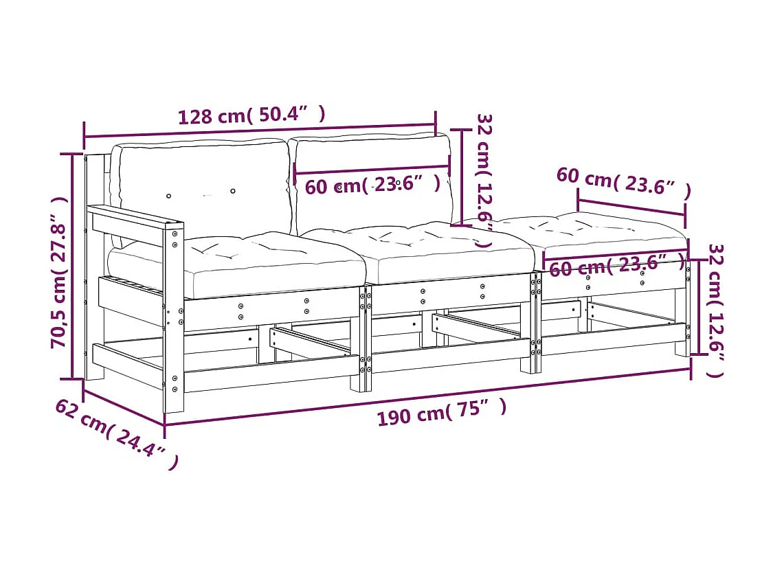 Salon de jardin 3 pcs avec coussins bois de pin imprégné