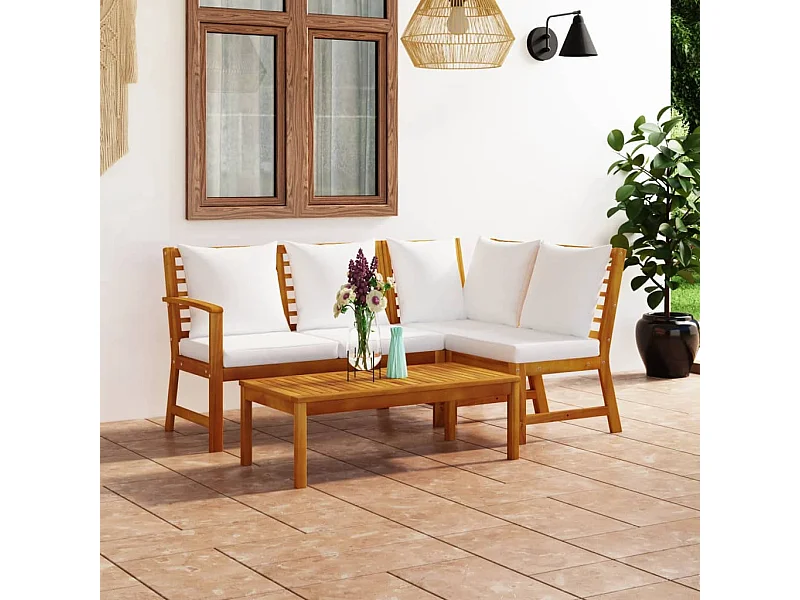 Set Divani da Giardino 4 pz con Cuscini Crema in Legno Acacia