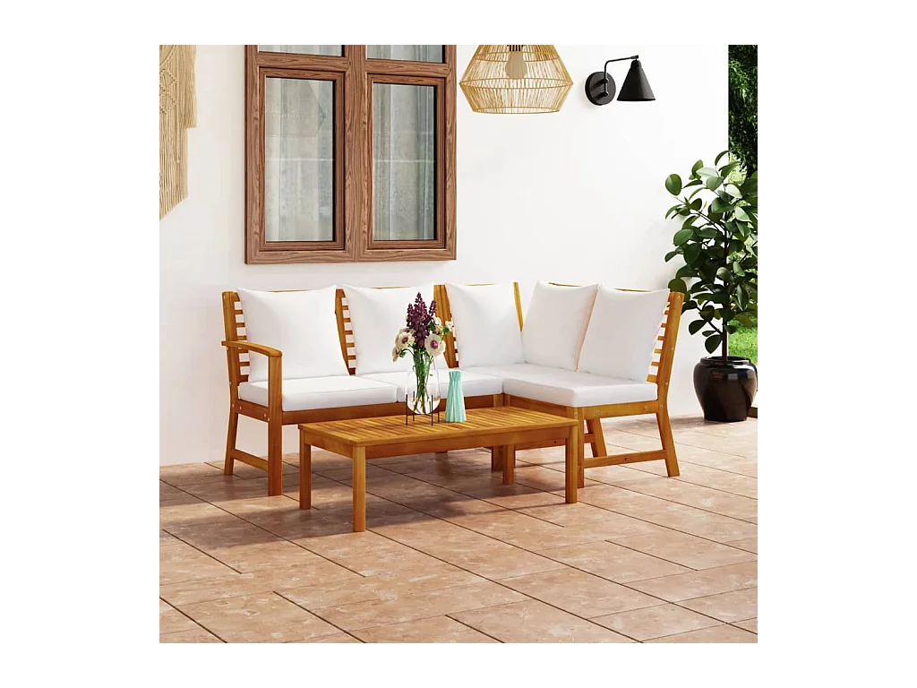 4-tlg. Garten-Lounge-Set mit Auflagen Creme Massivholz Akazie