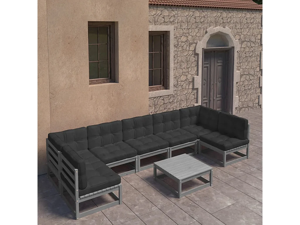 Salon de jardin 8 pcs avec coussins Gris Bois de pin massif