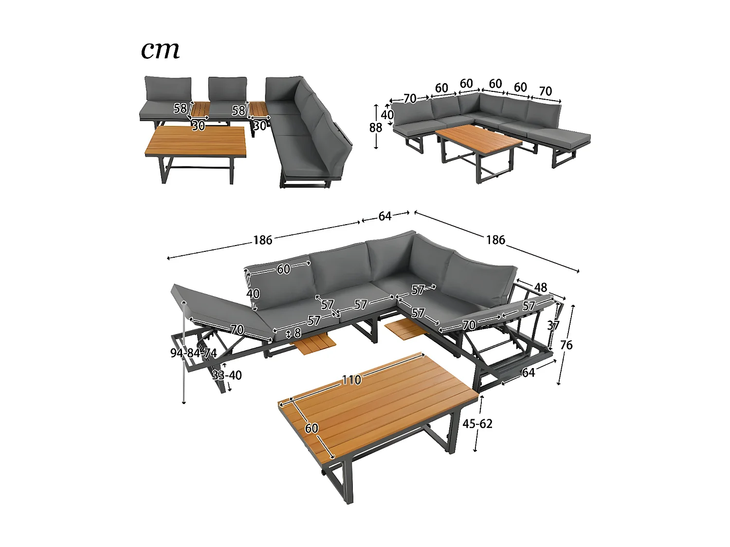 Sofa de jardin en ensemble, gris, ensemble de 3 pièces comprenant 2 canapés