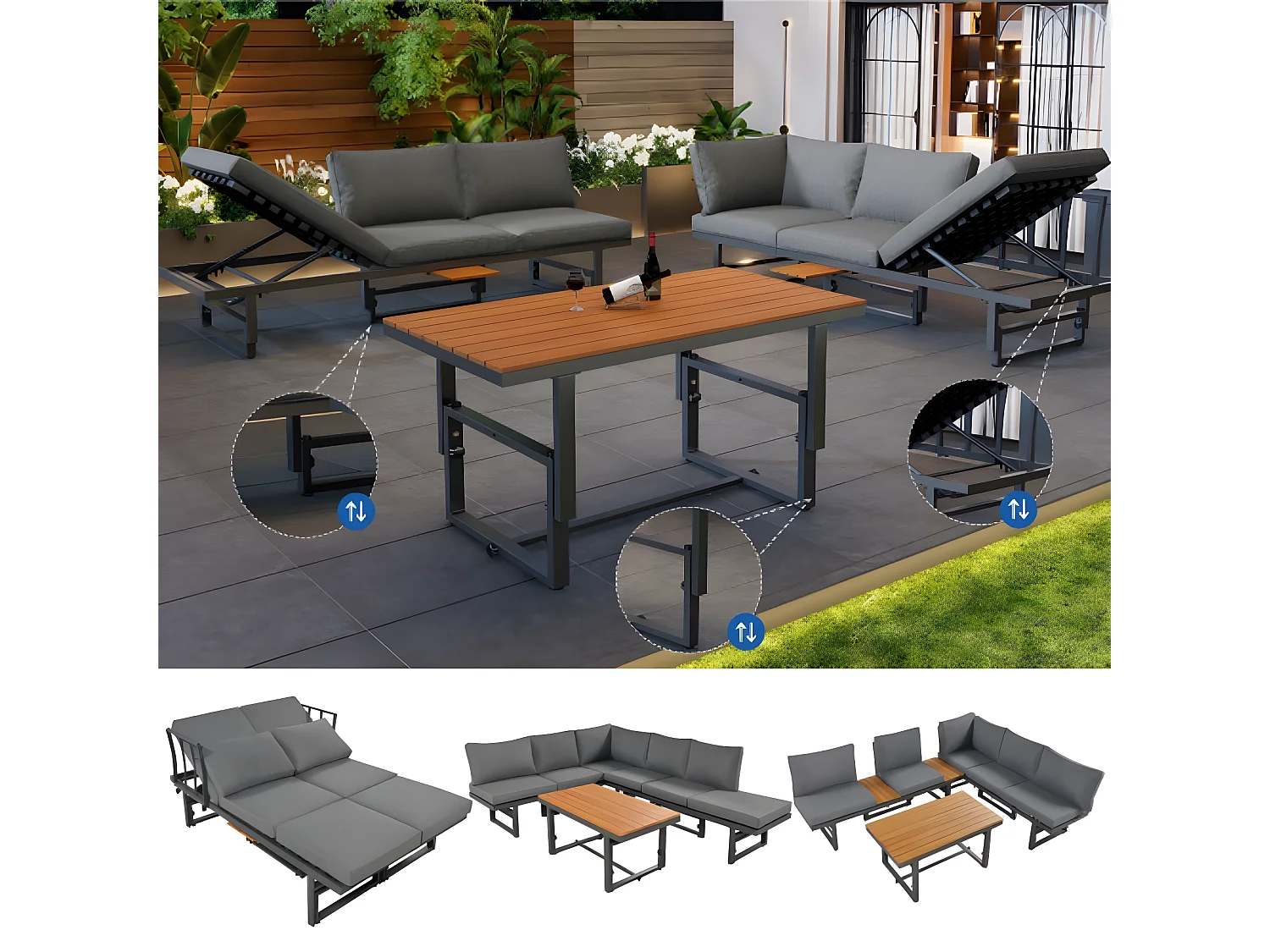 Sofa de jardin en ensemble, gris, ensemble de 3 pièces comprenant 2 canapés