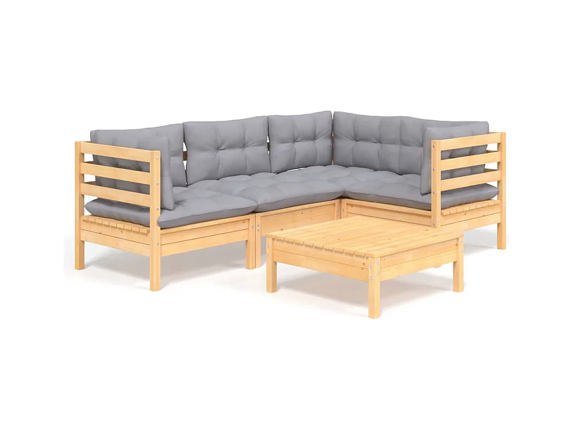 5-delige Loungeset met grijze kussens grenenhout