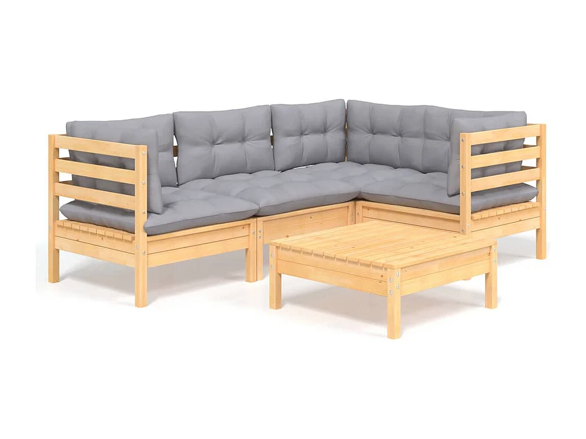 Set Divani da Giardino 5 pz con Cuscini Grigi Massello di Pino