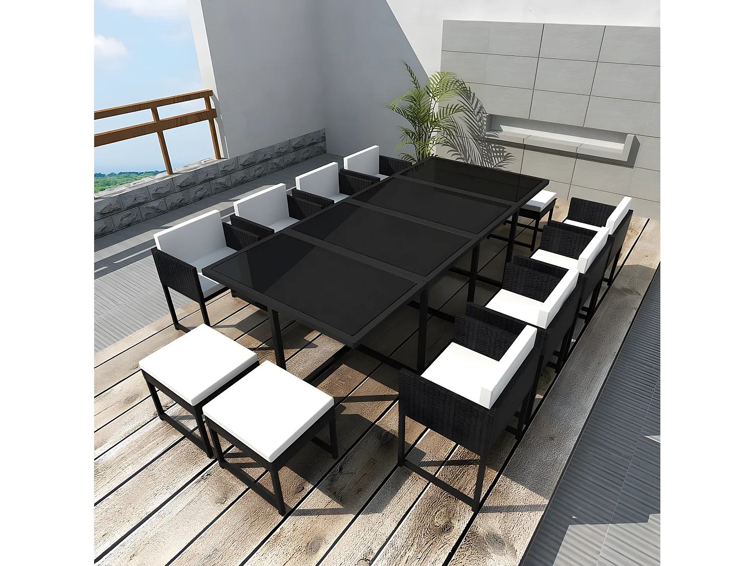 Salon de jardin 13 pcs avec coussins Résine tressée Noir