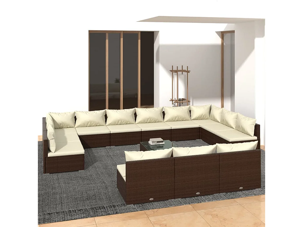 13-tlg. Garten-Lounge-Set mit Kissen Braun Poly Rattan