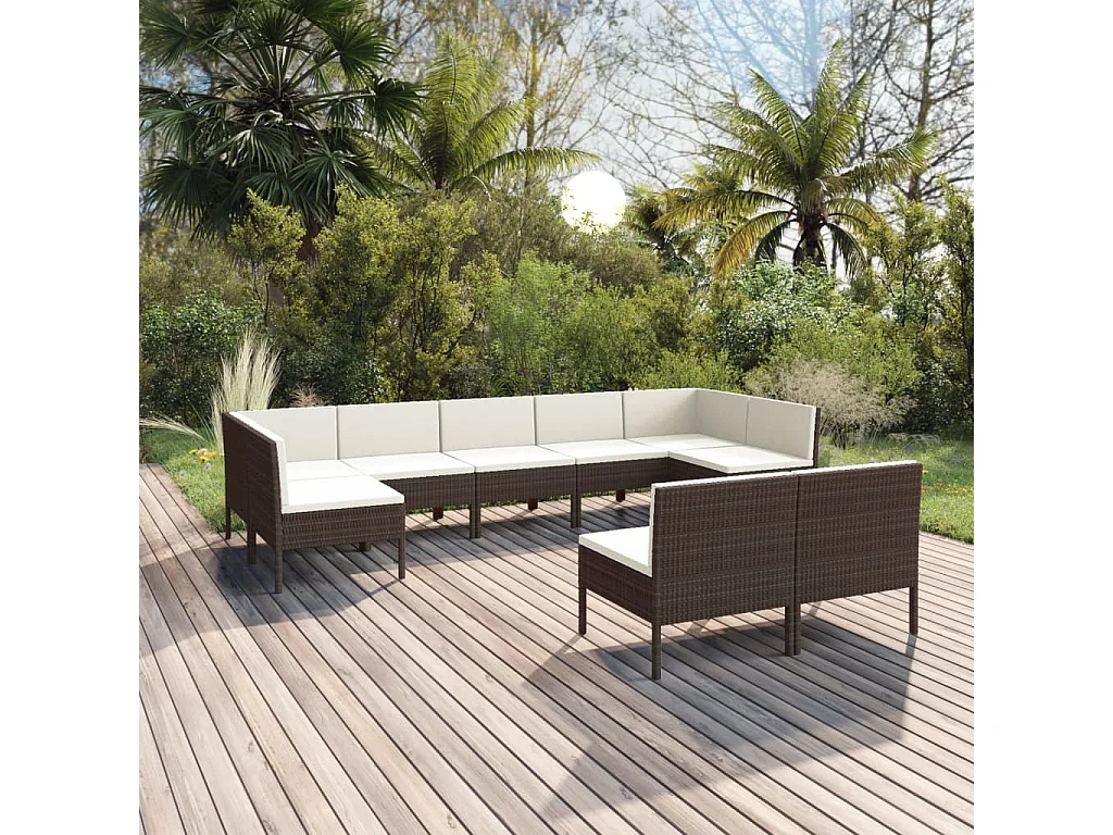 Salon de jardin 9 pcs avec coussins résine tressée marron