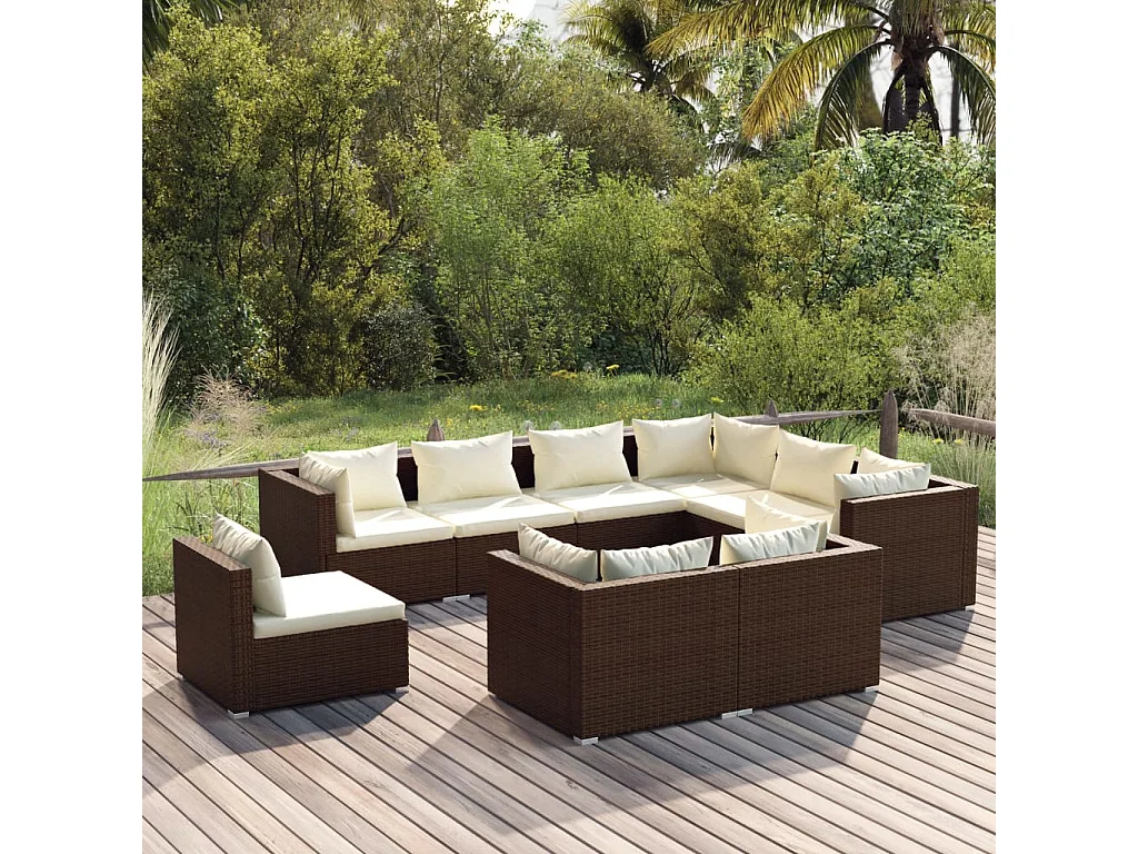 9 pcs conjunto lounge de jardim c/ almofadões vime PE castanho