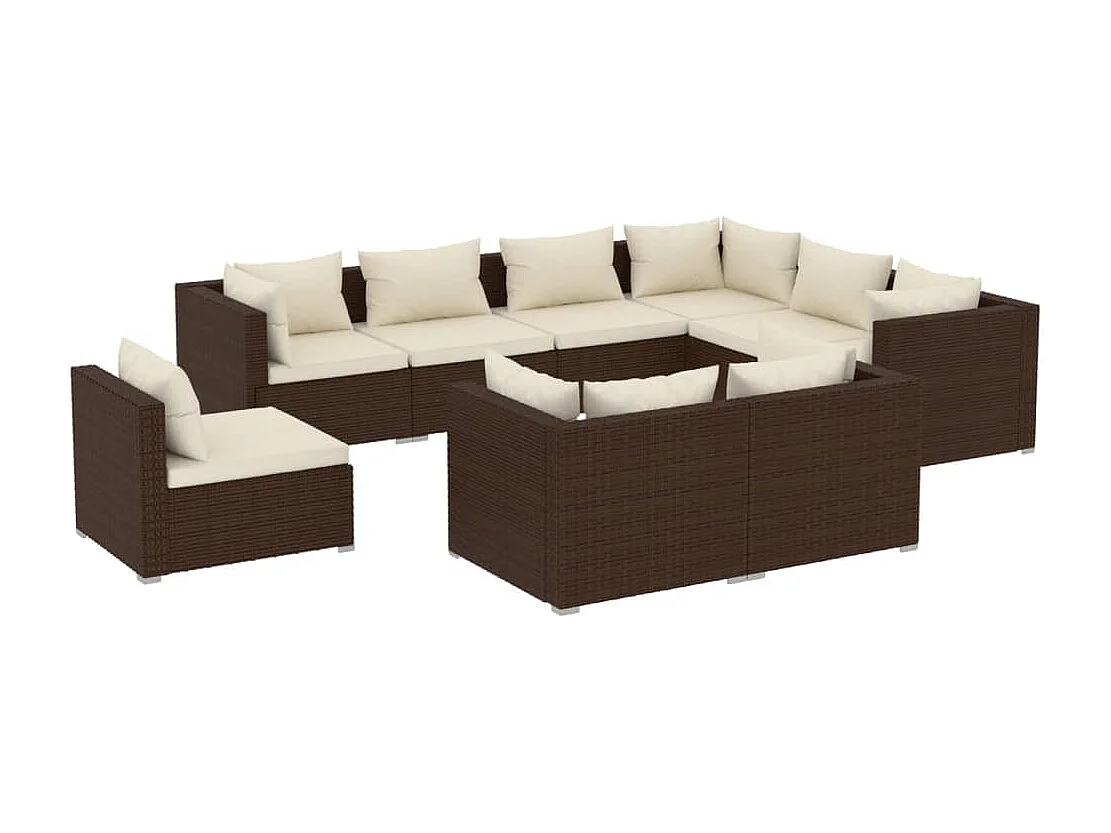 9 pcs conjunto lounge de jardim c/ almofadões vime PE castanho