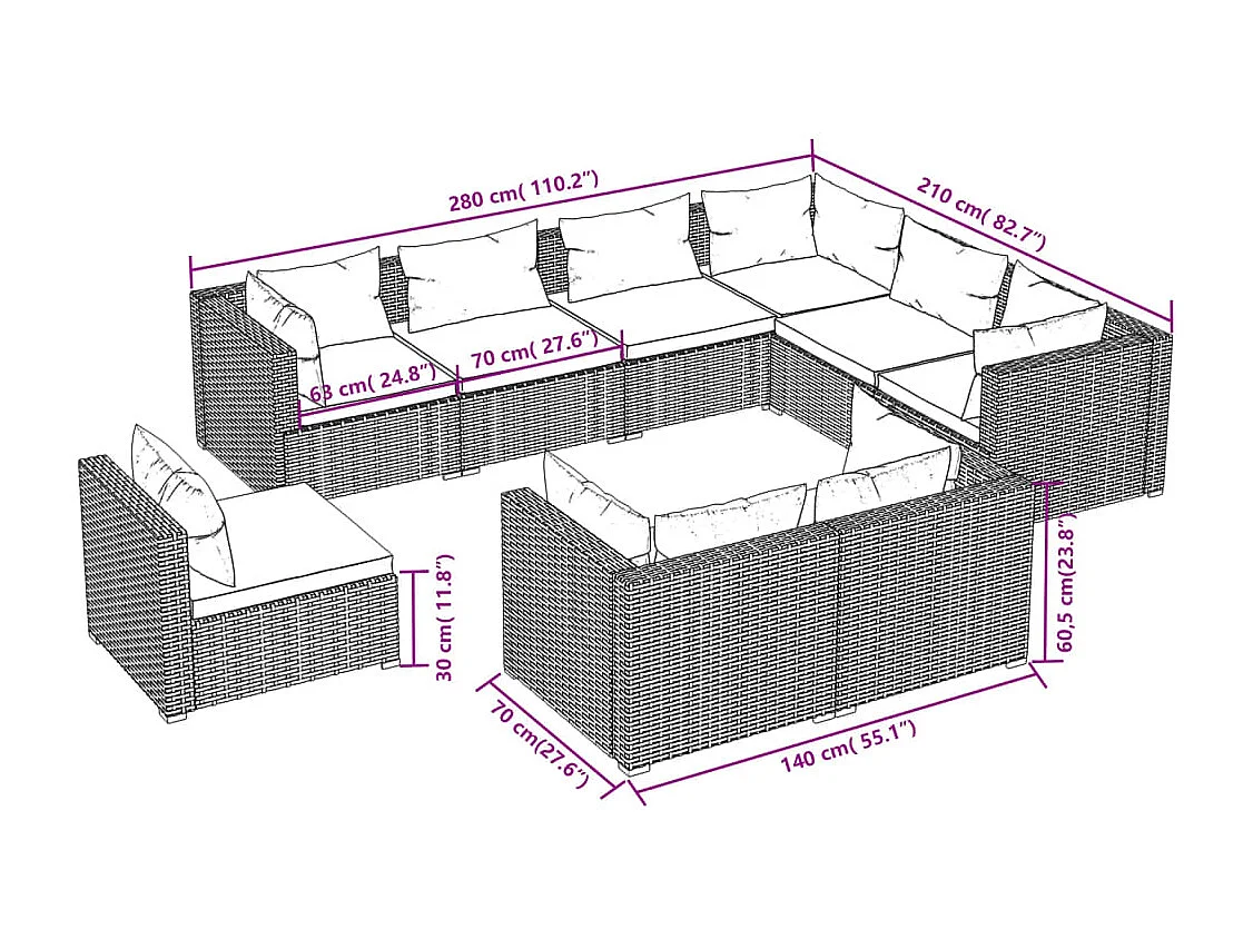 9 pcs conjunto lounge de jardim c/ almofadões vime PE castanho