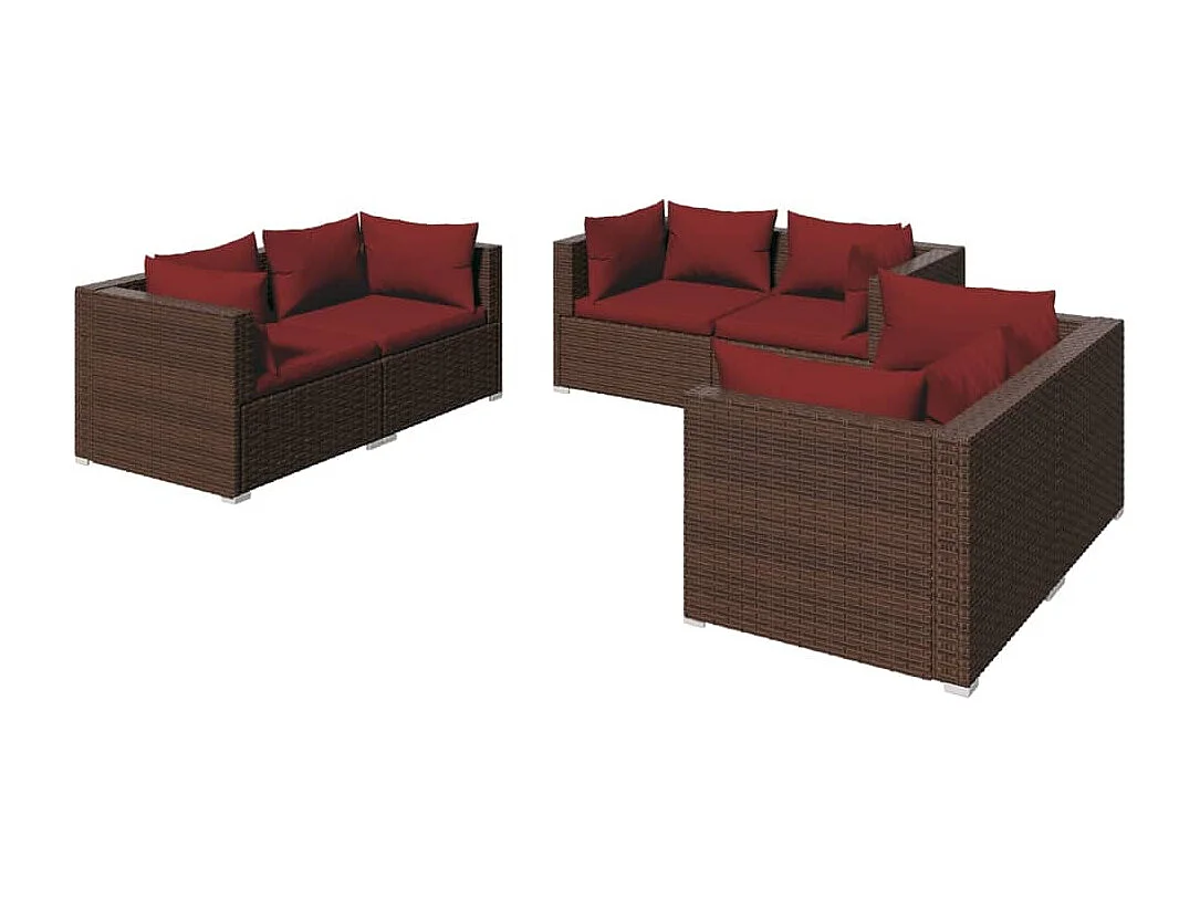 Salon de jardin 6 pcs avec coussins Résine tressée Marron