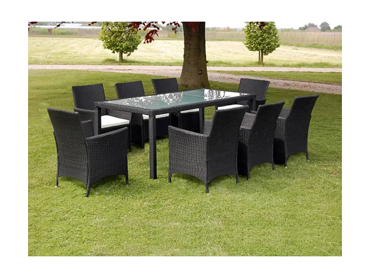 9-tlg. Garten-Essgruppe mit Auflagen Poly Rattan Schwarz