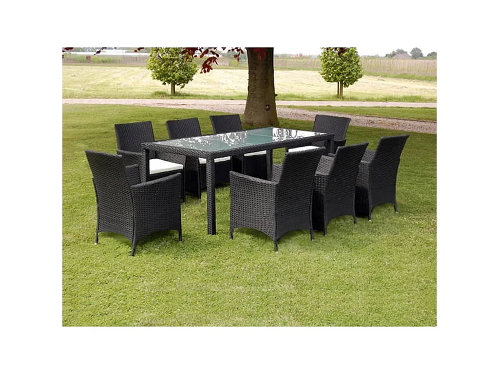 Set da Pranzo da Giardino 9 pz con Cuscini in Polyrattan Nero