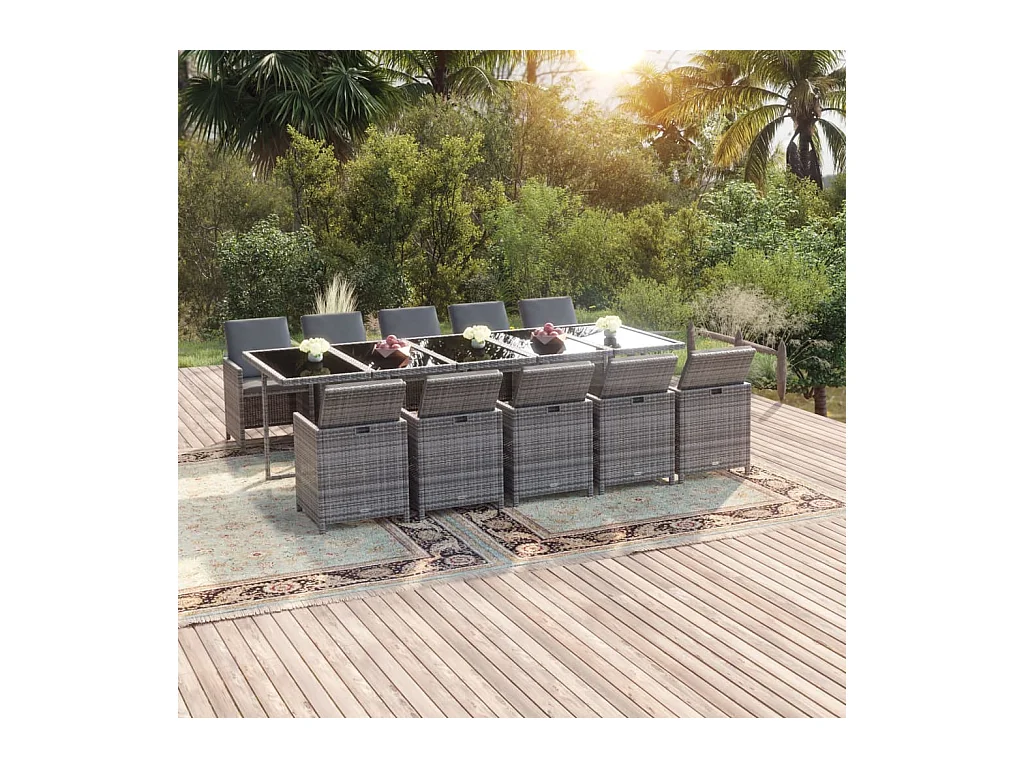 Ensemble à manger de jardin coussins 11 pcs Résine tressée Gris
