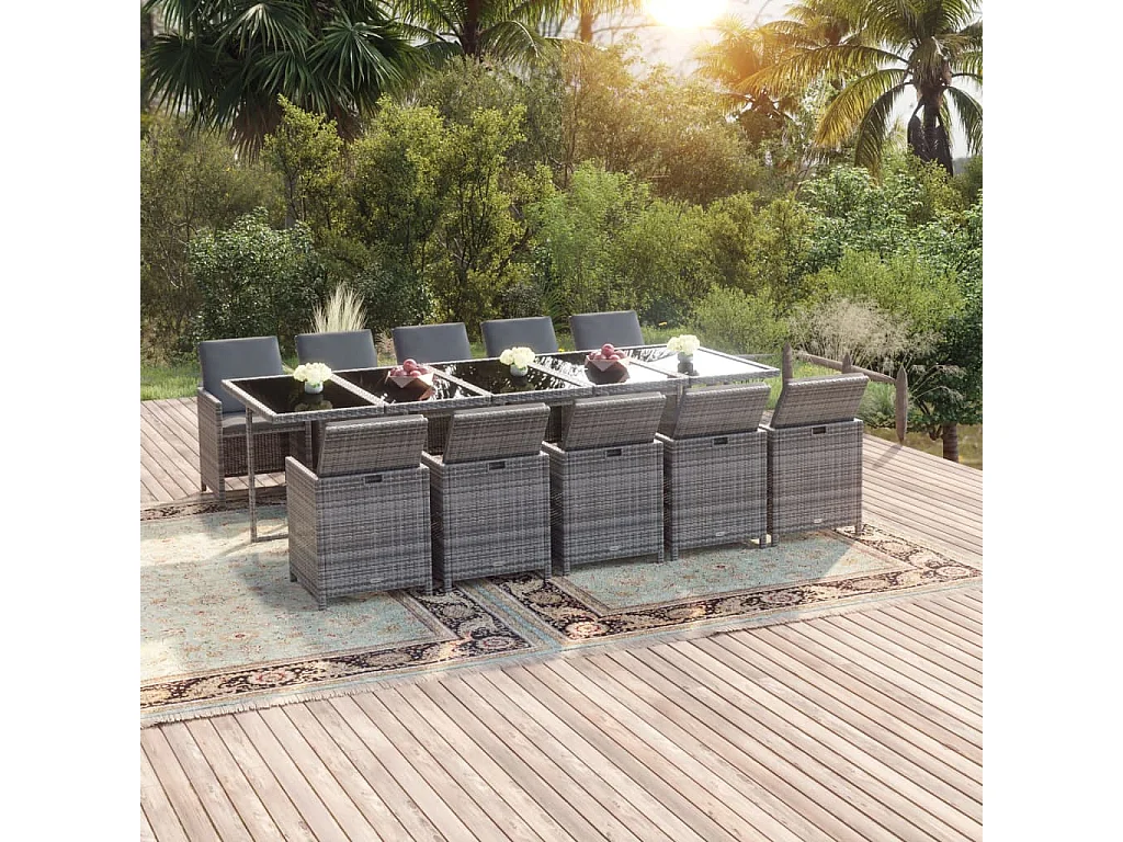Ensemble à manger de jardin coussins 11 pcs Résine tressée Gris
