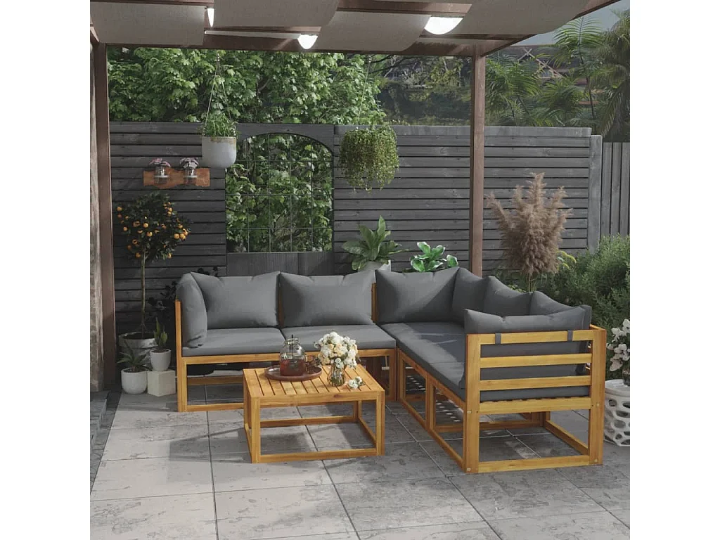 Juego de muebles jardín 6 pzas con cojines madera maciza acacia