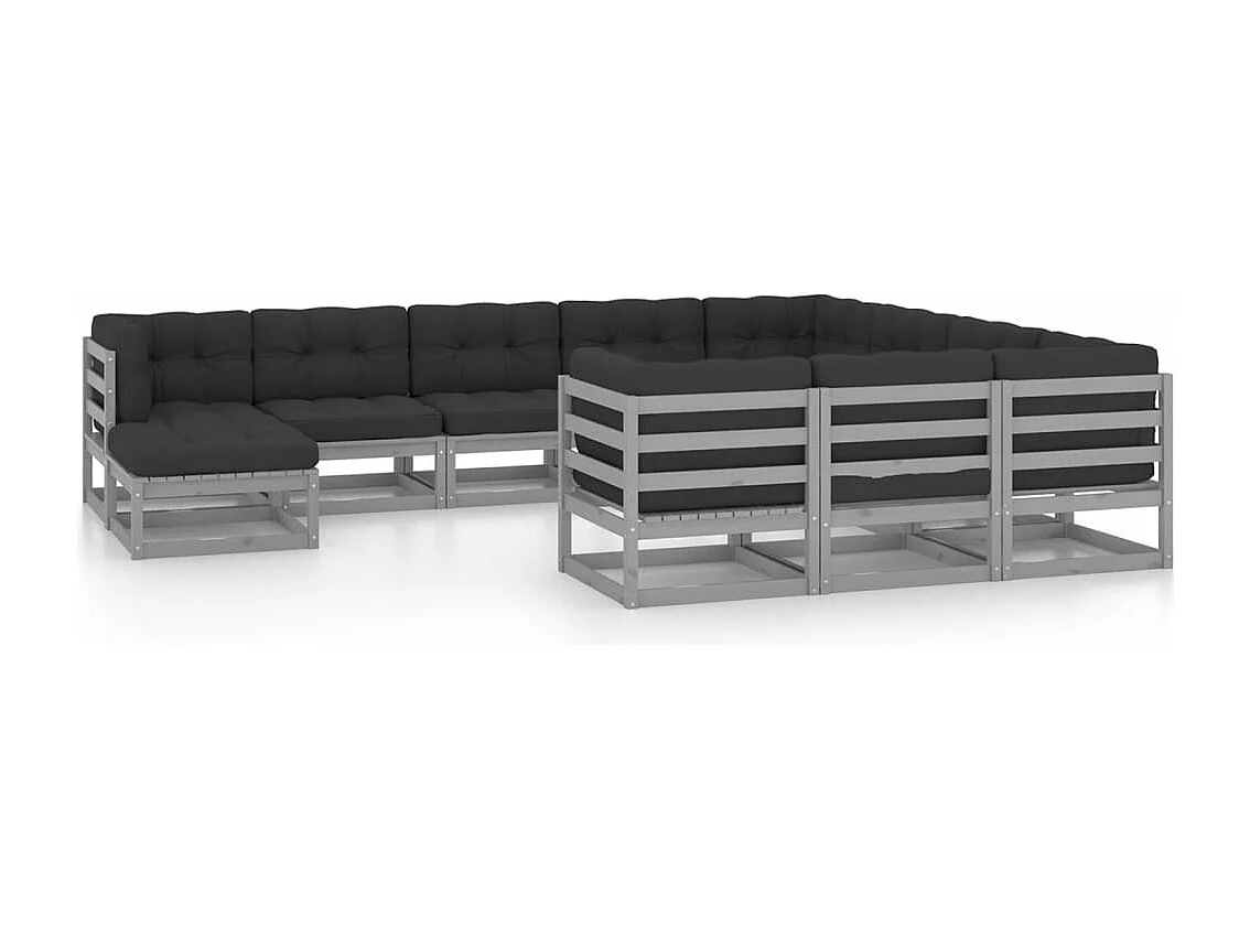 11-delige Loungeset met kussens massief grenenhout grijs