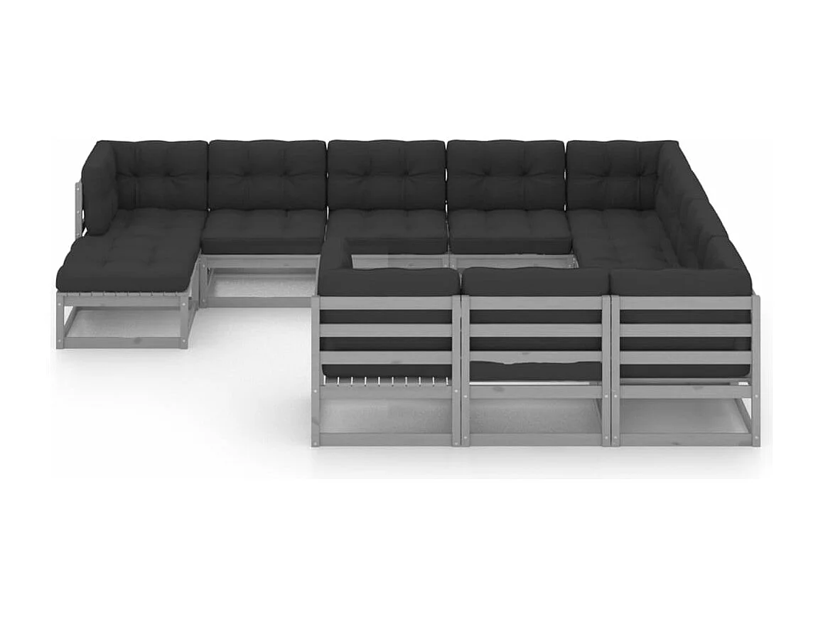 11-delige Loungeset met kussens massief grenenhout grijs