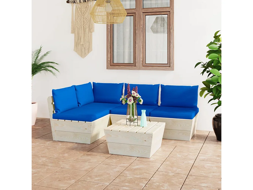 Salon de jardin palette 5 pcs avec coussins bois d'épicéa