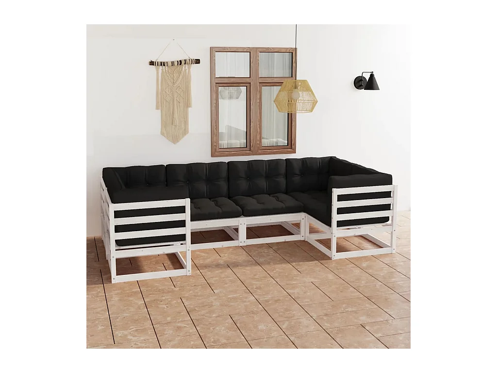 6-delige Loungeset met kussens massief grenenhout wit