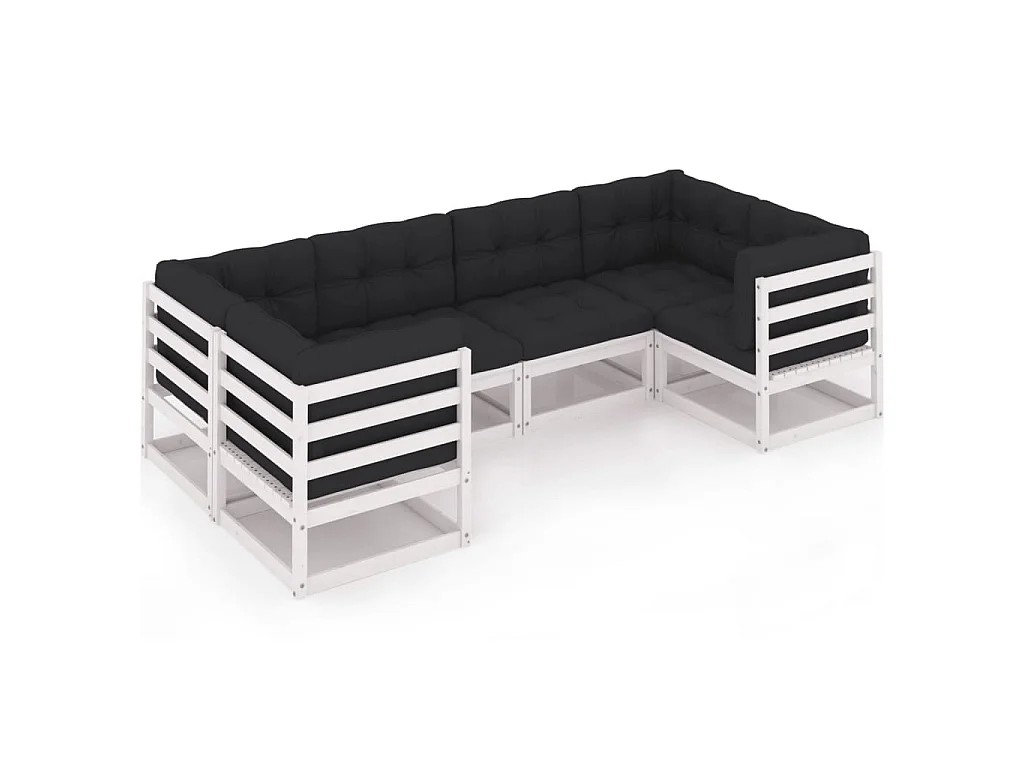 6-delige Loungeset met kussens massief grenenhout wit