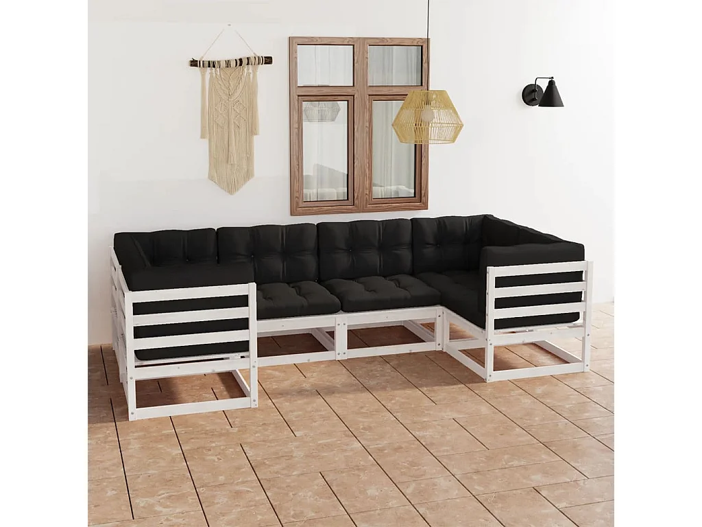 6-delige Loungeset met kussens massief grenenhout wit