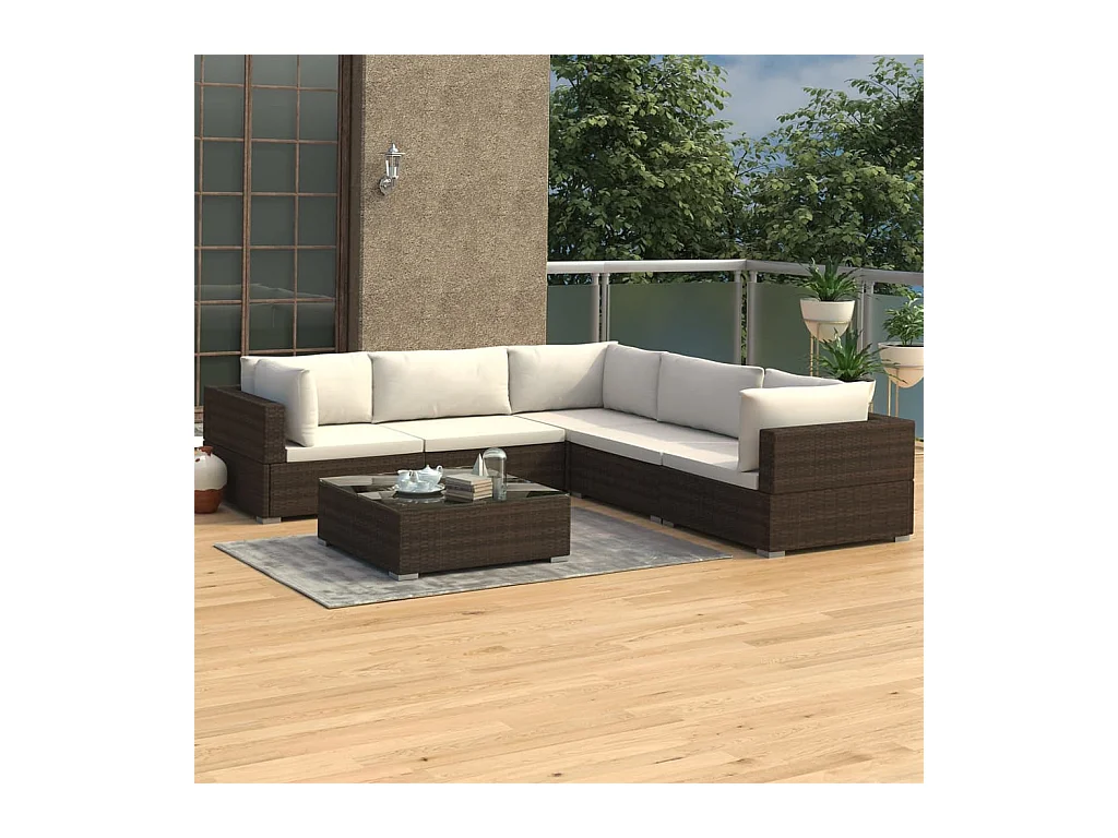 6-tlg. Garten-Lounge-Set mit Auflagen Poly Rattan Braun