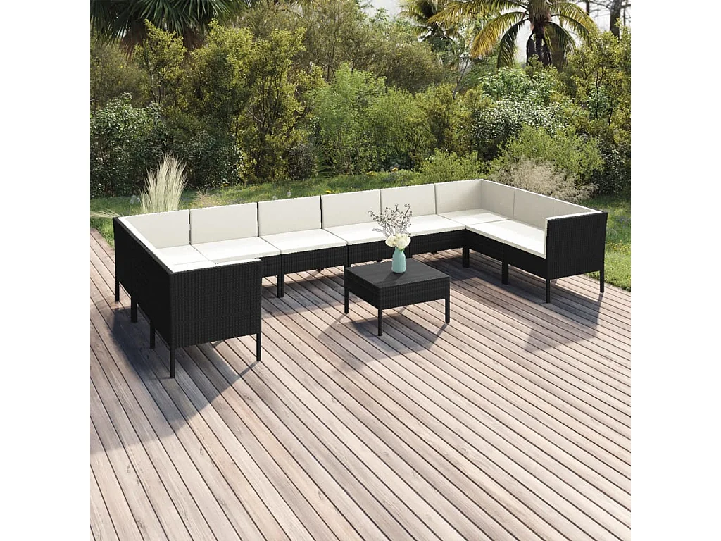 11-tlg. Garten-Lounge-Set mit Auflagen Poly Rattan Schwarz