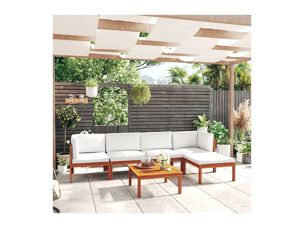 Salon de jardin 6 pièces avec coussins, bois d'acacia crème et corde