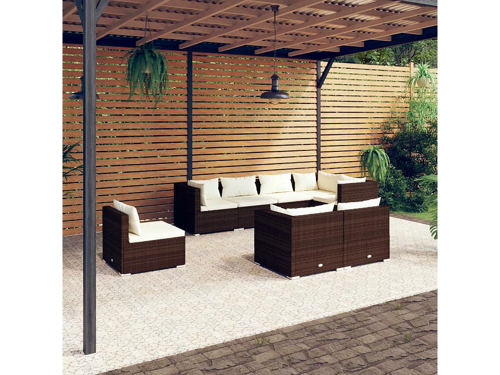 Set Divani da Giardino 8 pz con Cuscini in Polyrattan Marrone