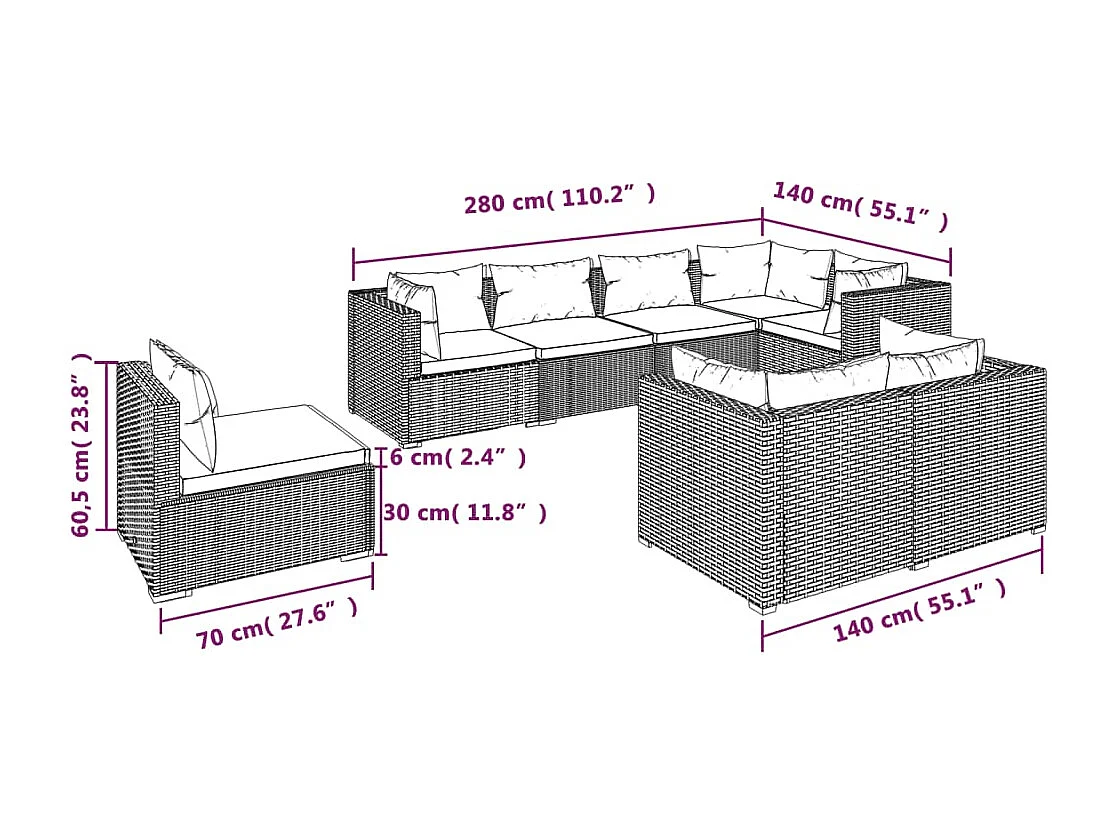 Set Divani da Giardino 8 pz con Cuscini in Polyrattan Marrone