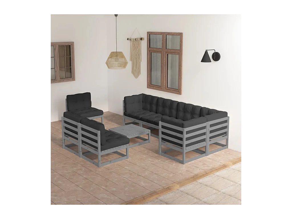 Salon de jardin 9 pcs avec coussins Bois de pin massif