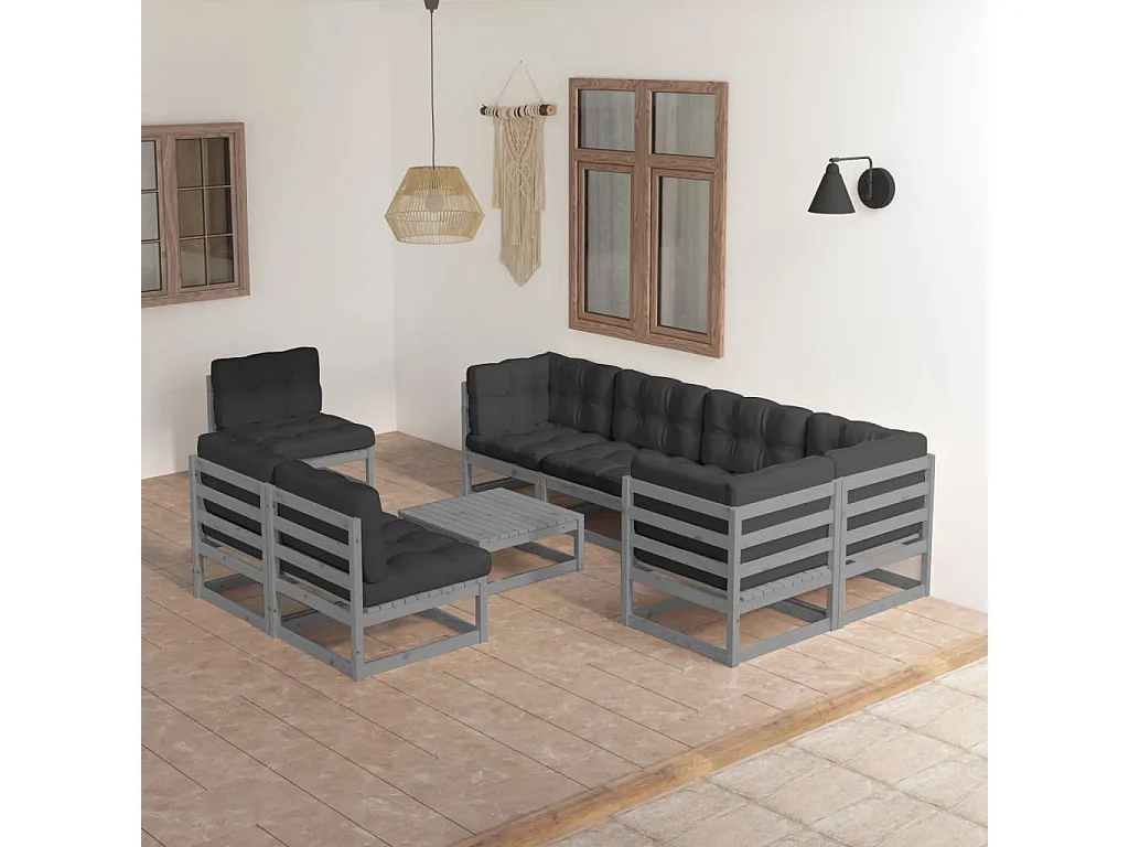 9-delige Loungeset met kussens massief grenenhout