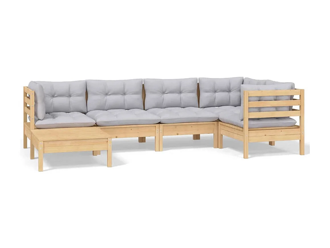 Salon de jardin 6 pcs avec coussins gris Bois de pin massif