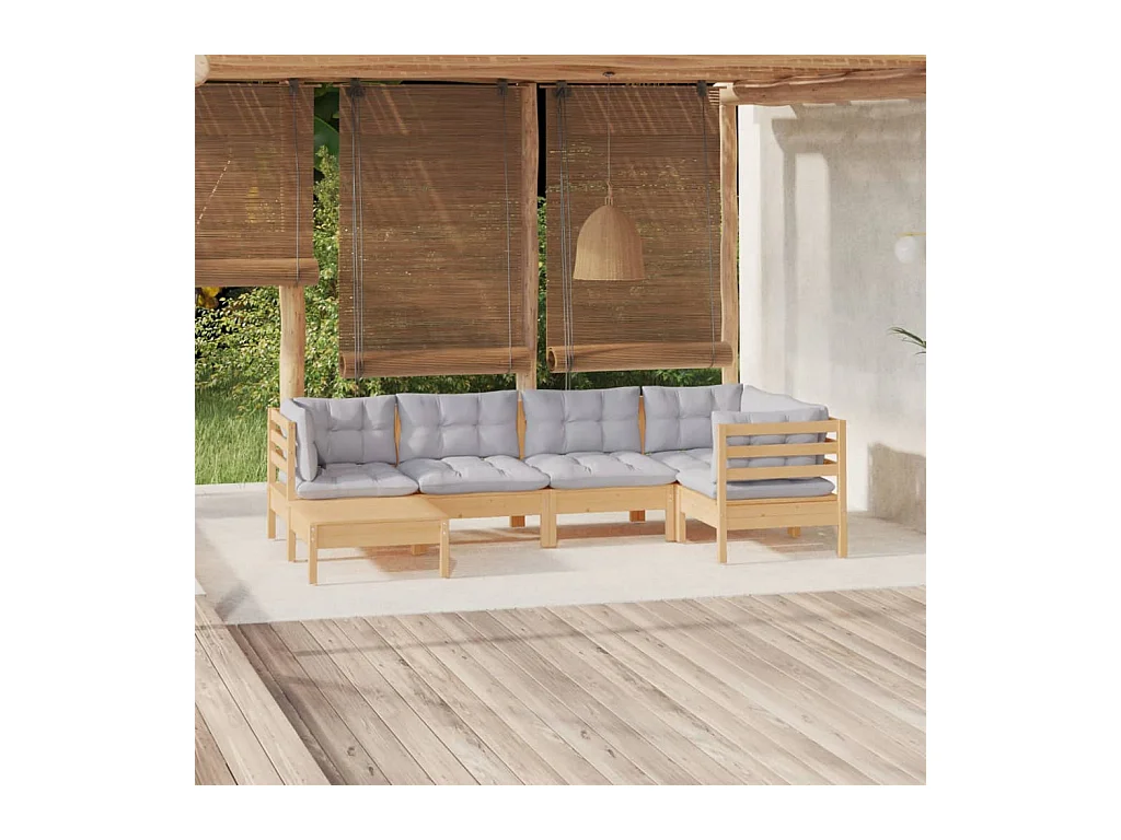 Set Divani da Giardino 6 pz con Cuscini Grigi Massello di Pino