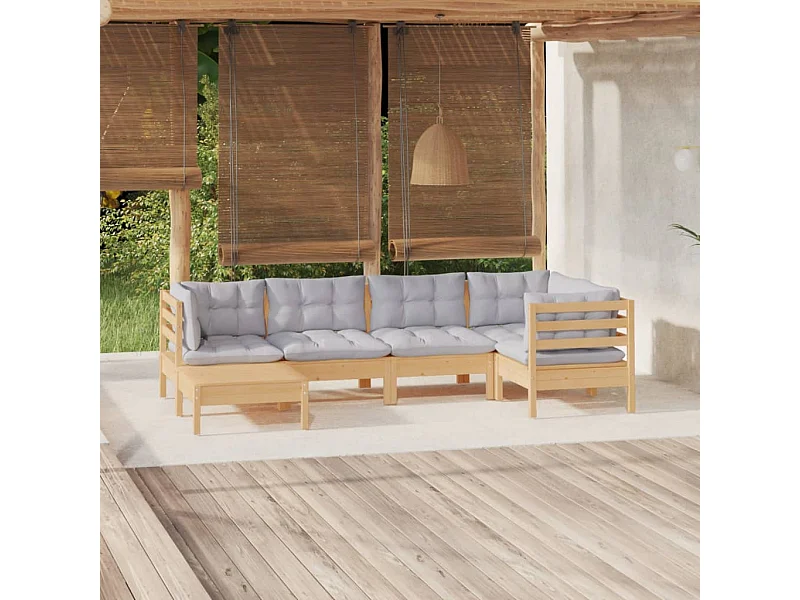 Juego de muebles de jardín 6 pzas y cojines madera maciza pino