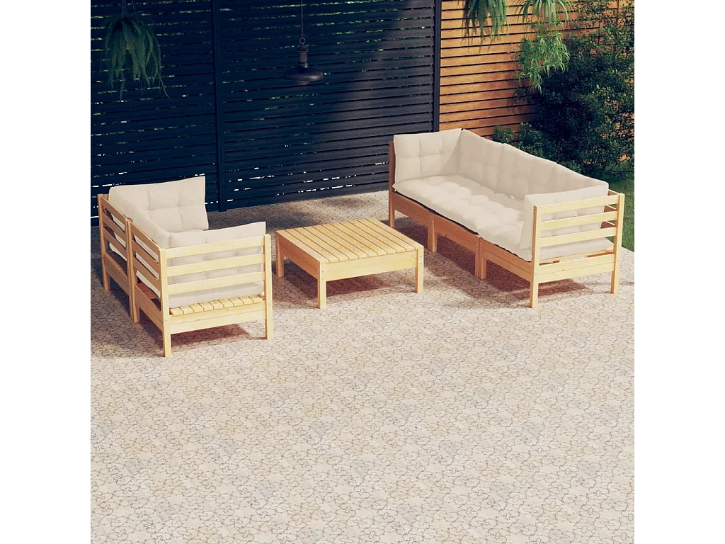 Salon de jardin 6 pcs avec coussins crème bois de pin