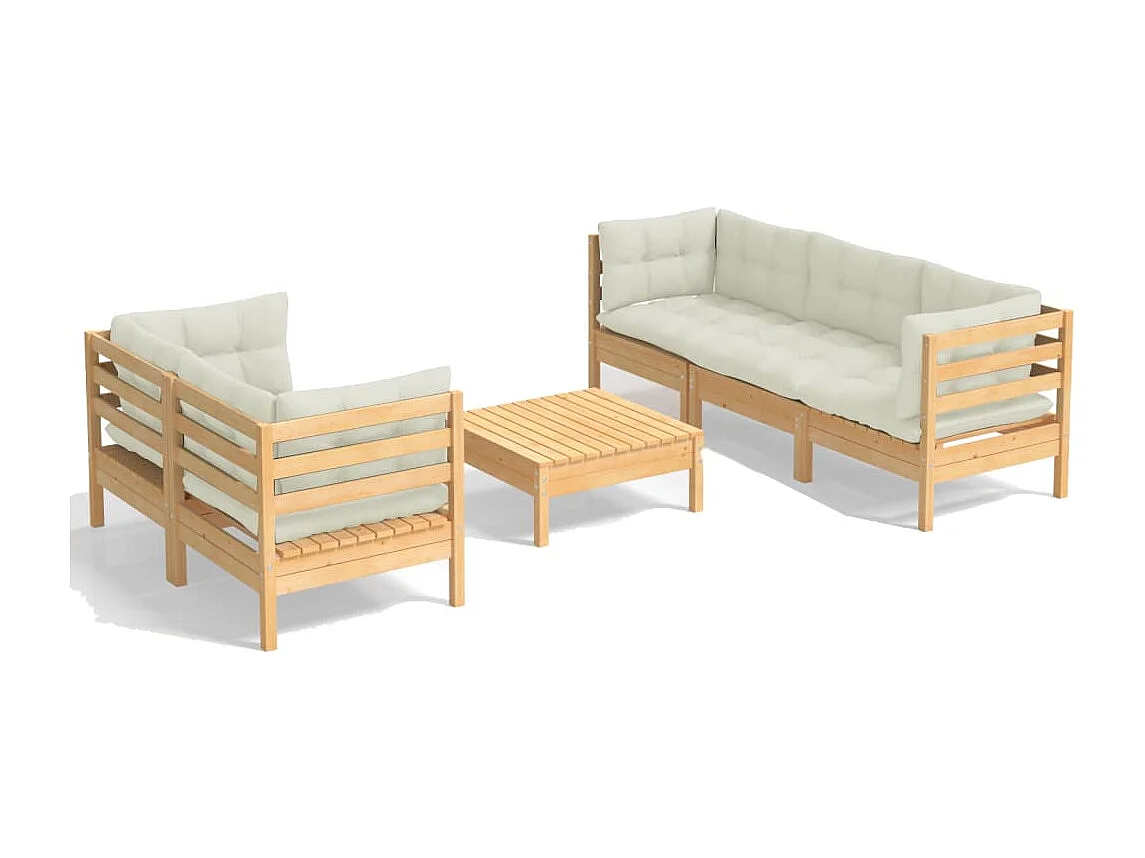 Salon de jardin 6 pcs avec coussins crème bois de pin