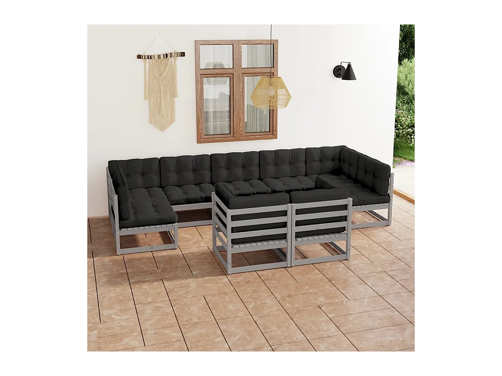 Salon de jardin 9 pcs avec coussins Gris Bois de pin massif