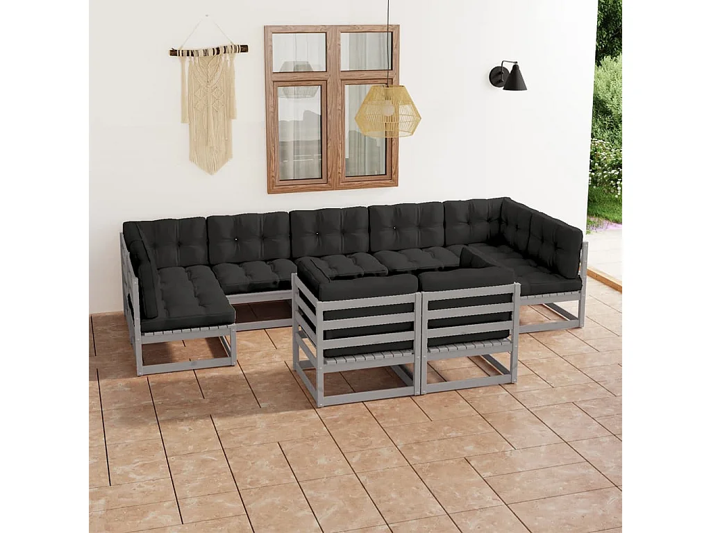 9-tlg. Garten-Lounge-Set mit Kissen Grau Massivholz Kiefer